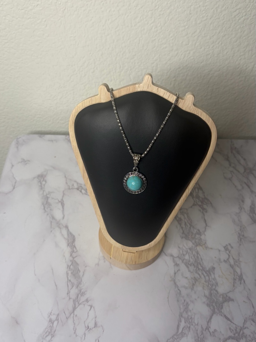 Silver Necklace with Turquoise-Colored Round Pendant